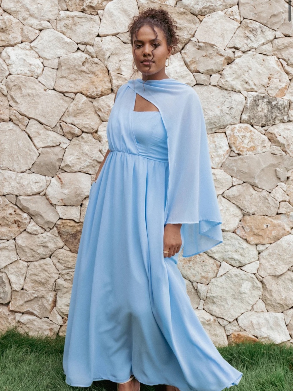 Darlee Maxi Dress Elegant Light Blue Cape Back Corset Bustier Tie Lace up Scarf